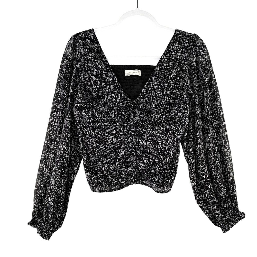 Abercrombie Fitch Polka‎ Dot Ruched Smocked Front Tie Long Sleeve Womens XSmall